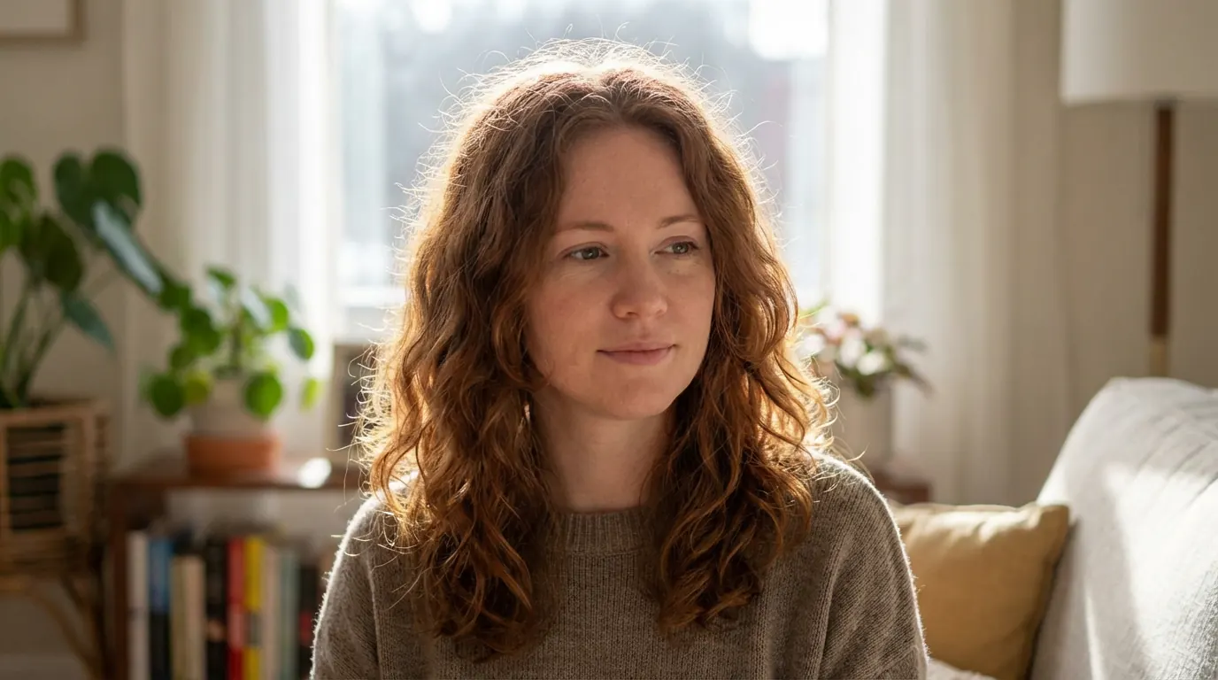 AI portrait of a woman with curly hair showing a soft backlit frizz halo at the hairline