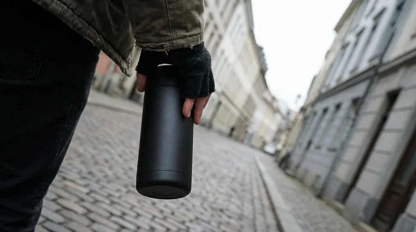 Tilted-horizon shot of a person walking down a cobblestone street carrying a matte-black thermos at their side