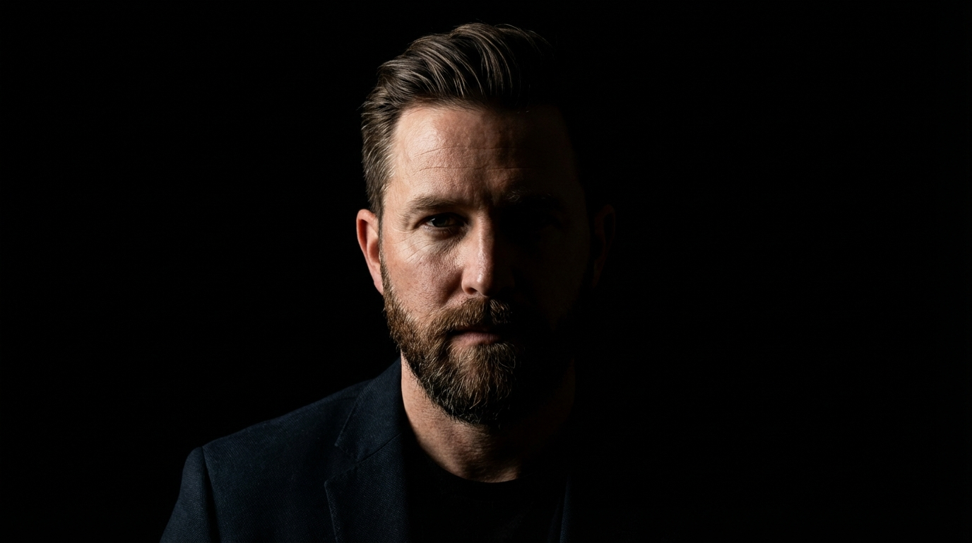 Man's portrait against a black background with the shadow side of his face crushed to near-black