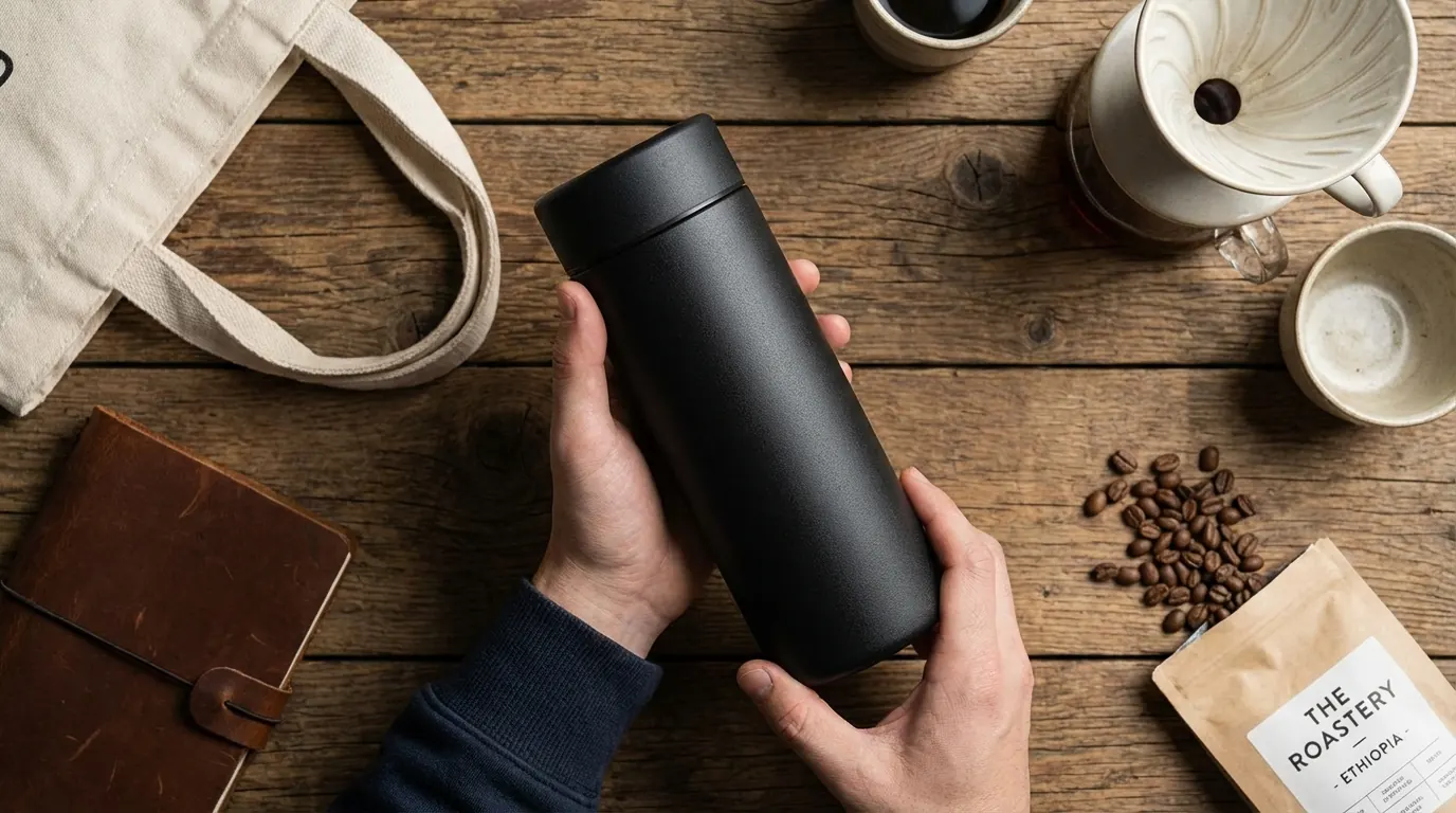 Top-down shot of hands holding a matte-black thermos on a wooden table with coffee beans, mugs, a notebook and a tote bag