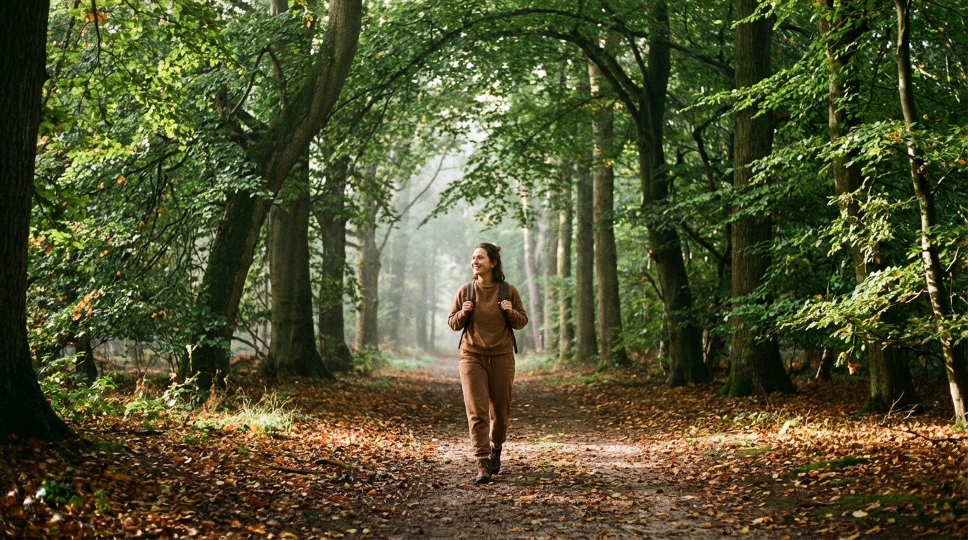Smiling woman with a backpack walking a leaf-covered woodland path with tall trees forming a corridor in morning mist