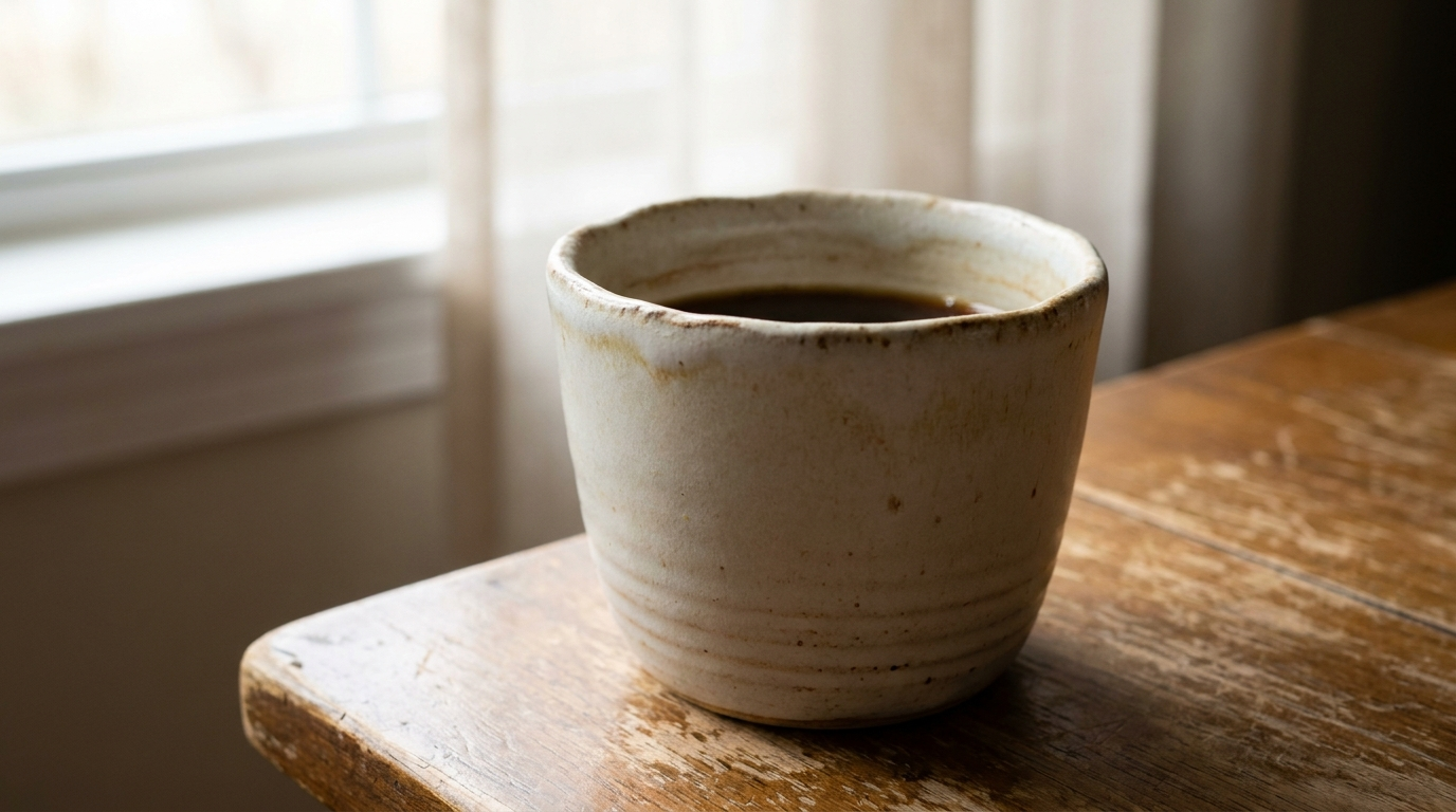 Handmade off-white matte ceramic cup of coffee on a worn wooden table beside a window with sheer curtains