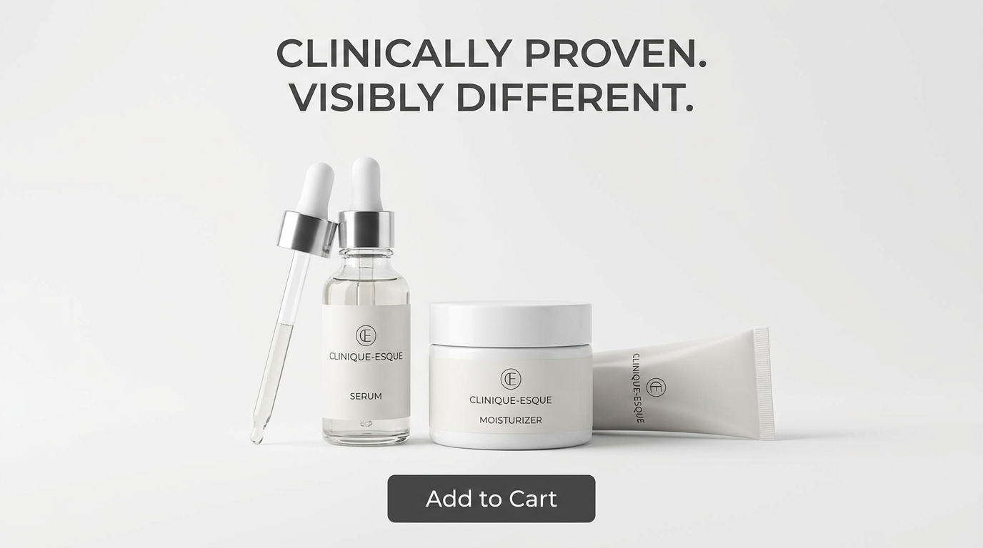 Minimal skincare ad headlined 'CLINICALLY PROVEN. VISIBLY DIFFERENT.' with a solid dark rectangular 'Add to Cart' button below the products