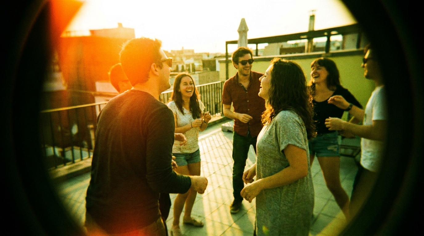 Group dancing on a rooftop at sunset seen through a heavy dark vignette with a warm light leak and punchy cross-processed colors