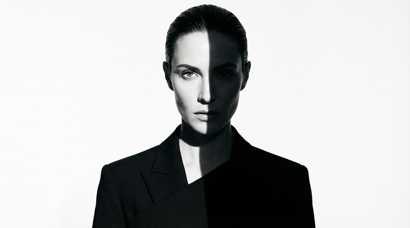 Black and white editorial portrait with a razor-clean shadow line dividing the face into lit and dark halves