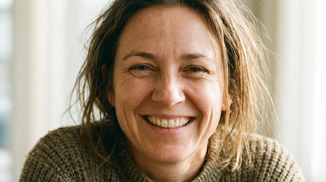 AI close-up portrait of a smiling woman with visible crow's feet and smile creases