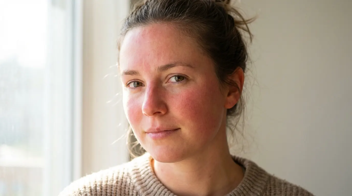 AI portrait with warm sun-kissed redness concentrated on the cheekbones and nose bridge
