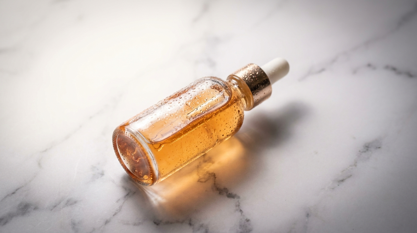 Amber glass serum bottle with condensation droplets lying on white marble with a soft cast shadow and warm caustic glow
