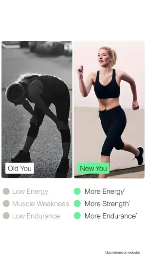 before-after ad with a black-and-white exhausted runner labelled Old You and a colour photo of an energetic runner labelled New You above a two-column benefit list