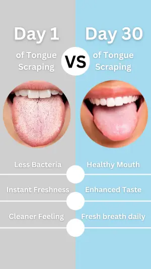 split-screen ad comparing a coated tongue on day 1 with a clean tongue on day 30 divided by a VS badge