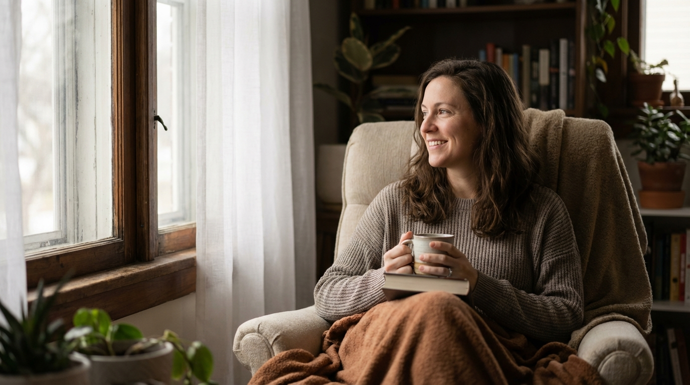 Woman with a mug in an armchair beside a curtained window, one side of her face softly lit