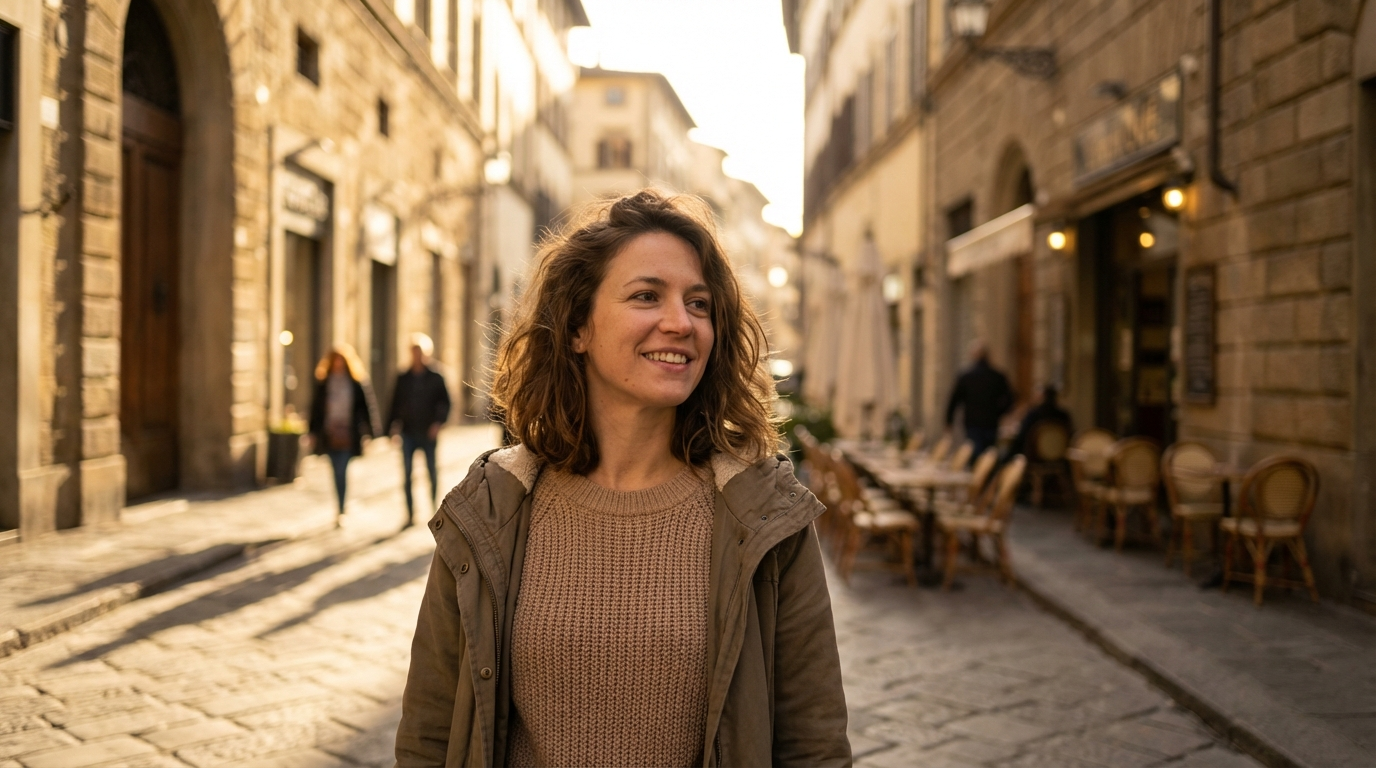 Smiling woman in a jacket on a European cobblestone street with café tables and blurred pedestrians behind her