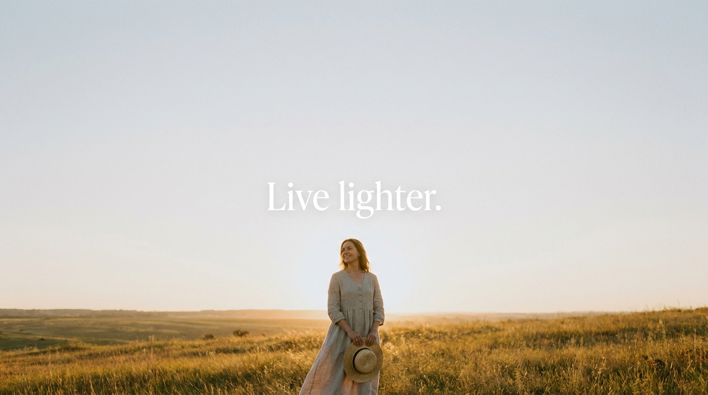 Wide field scene at golden hour with 'Live lighter.' in white type placed in the smooth, empty pale sky