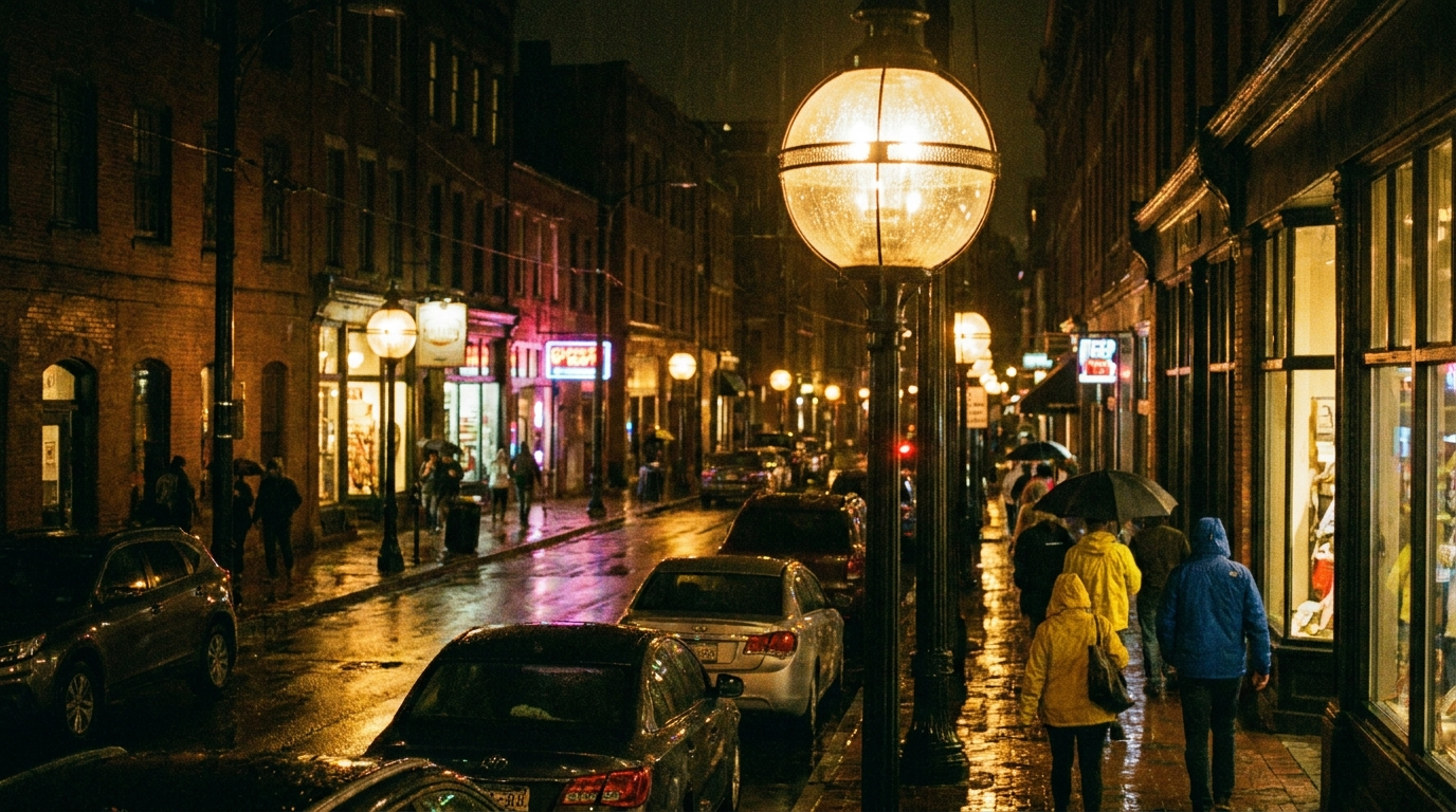 Rain-slicked city street at night lit by spherical street lamps and glowing storefront neon, with figures in raincoats walking away