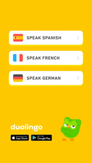 button select ad with a vertical stack of white language buttons on a yellow background and a cartoon owl mascot
