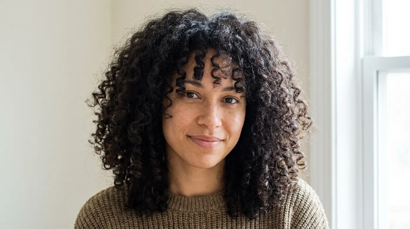 AI portrait of a woman with defined natural curls showing individual curl geometry and shrinkage at the crown