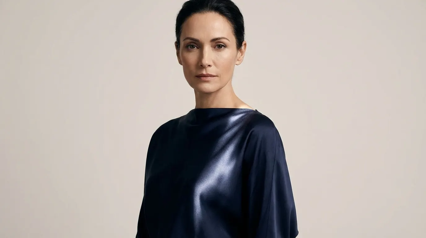 Woman in a navy satin top with one bright directional highlight across the shoulder and deep dark folds