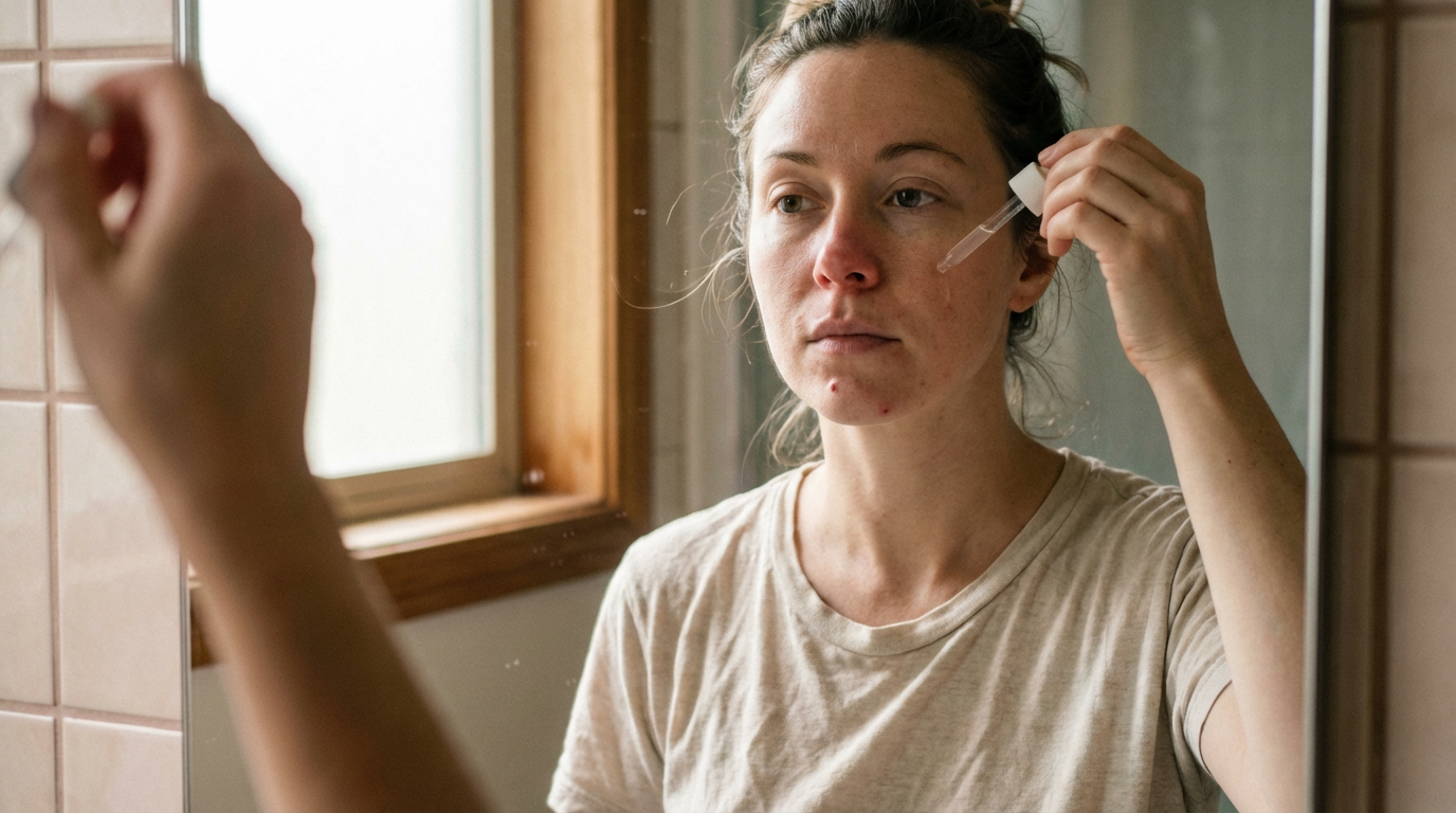 Woman in a worn cotton t-shirt applying serum with a dropper in front of a tiled bathroom mirror in soft window light