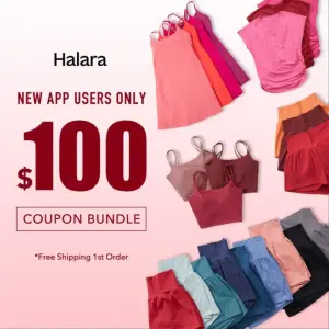 Athletic apparel ad with a $100 coupon bundle for new app users over a flat-lay collage