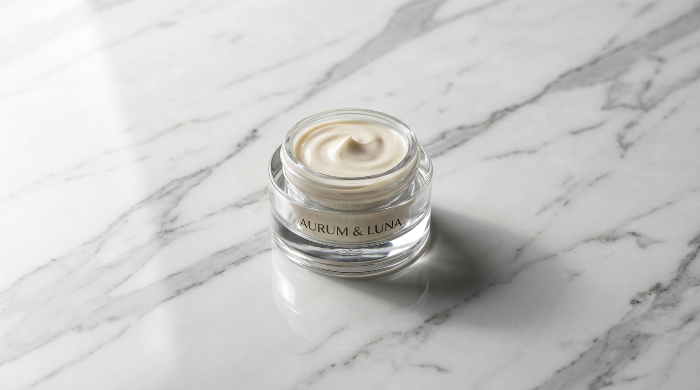 Glass cream jar on a white Carrara marble surface with grey veining and a soft directional shadow