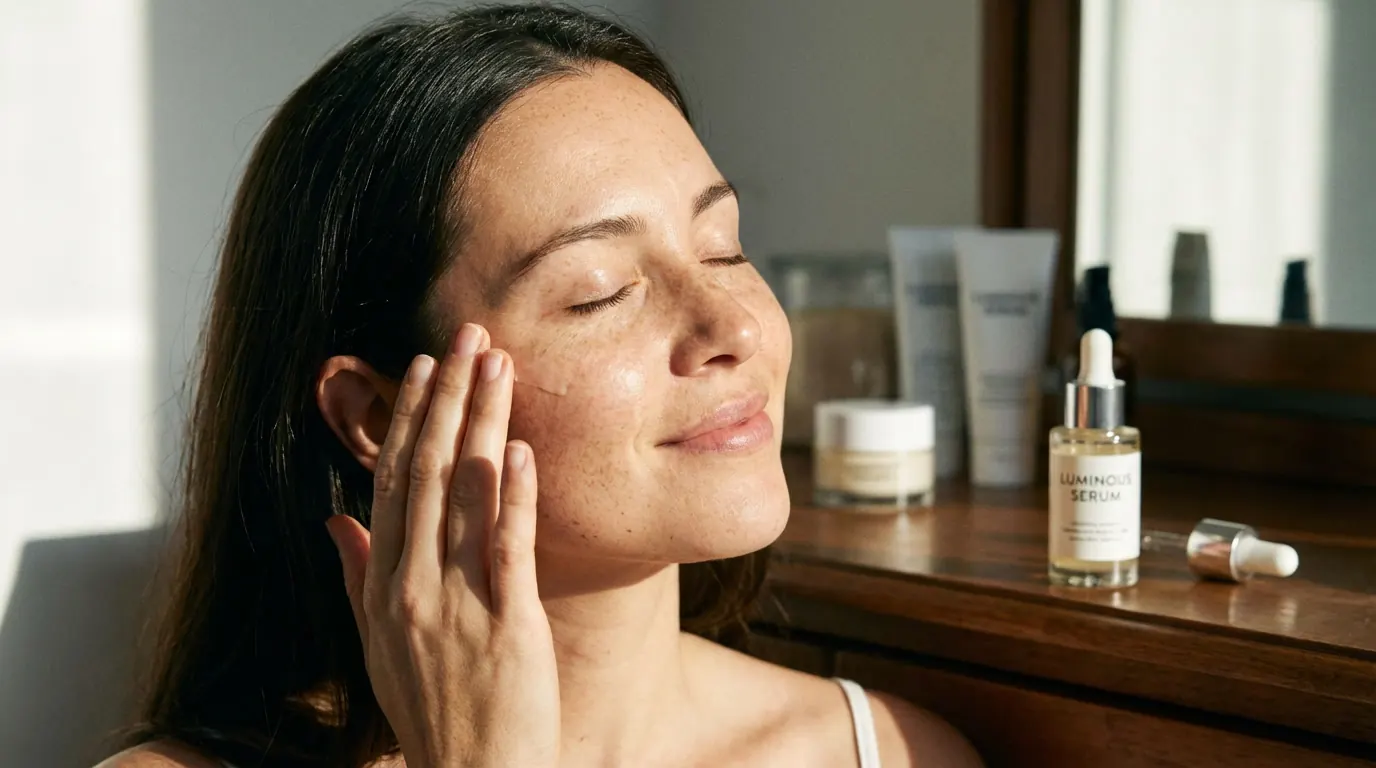 Woman with eyes closed pressing serum into her cheek with fingertips, product bottles on a dresser behind her