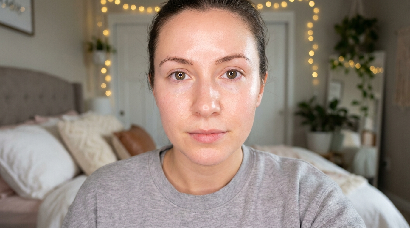 Close-up of a woman facing camera in a bedroom with circular ring-light catchlights in both eyes