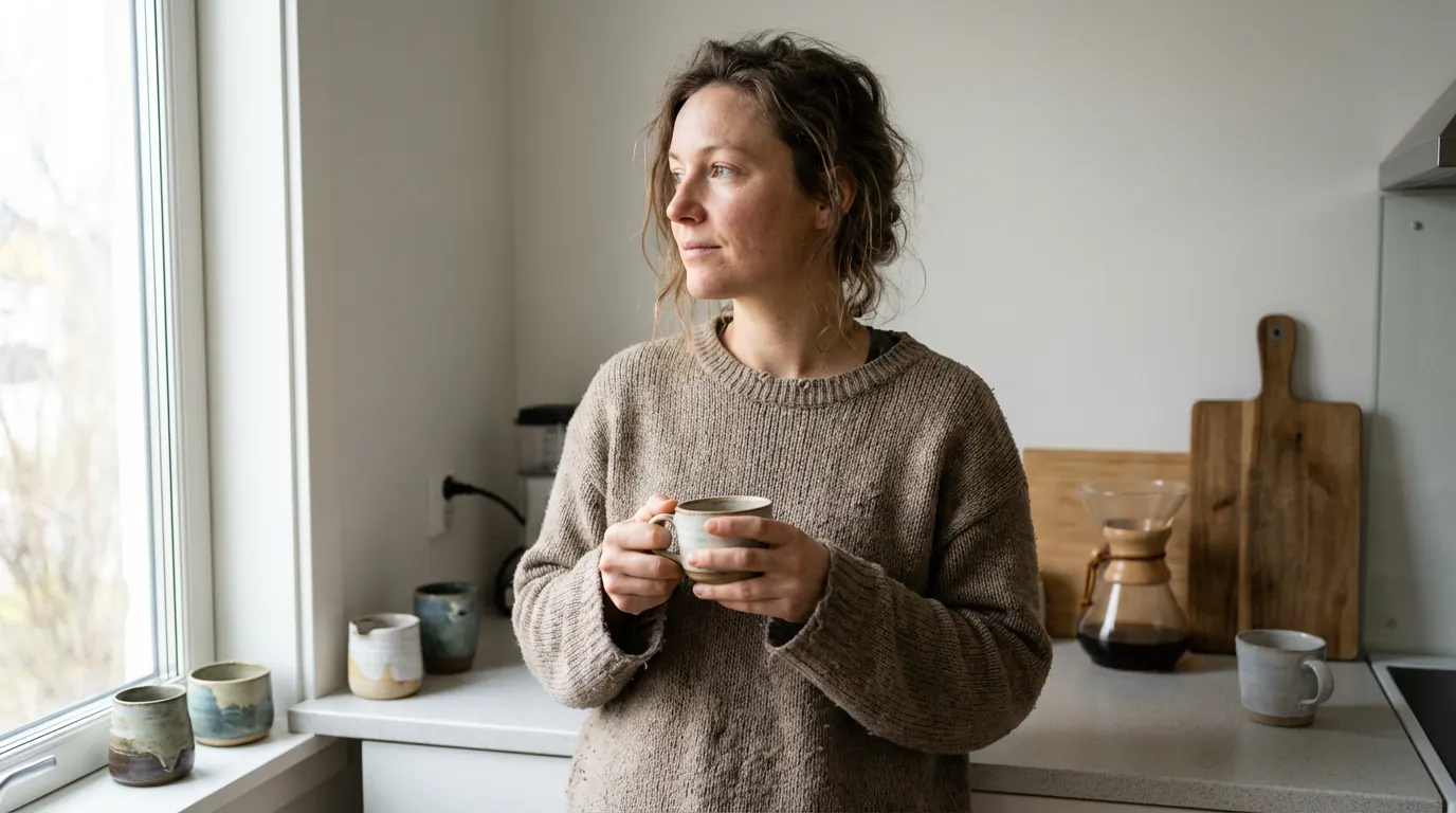Candid kitchen photograph of a woman holding a ceramic mug in soft window light, produced by the full trigger stack
