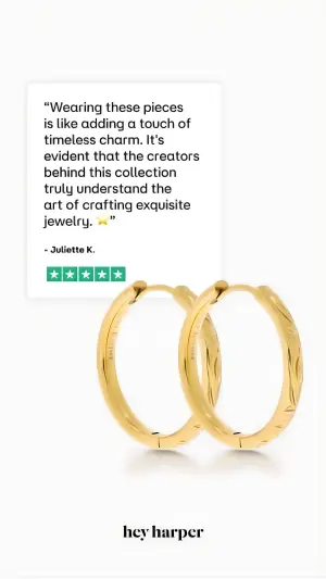 Minimalist testimonial ad with a poetic review card tucked behind a pair of gold hoop earrings