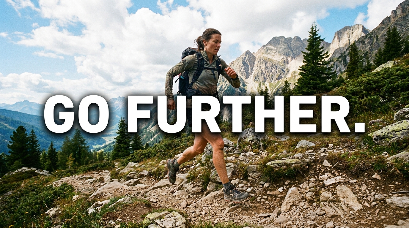 Mountain trail running ad with bold white 'GO FURTHER.' outlined in dark, readable across bright sky and dark rock alike