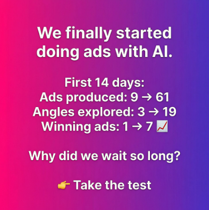 text-only ad on a pink-to-purple gradient showing three before-and-after performance stats and a call to action