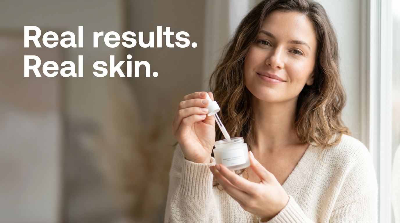Bright interior ad with 'Real results. Real skin.' in white over a softly blurred wall beside a woman holding a cream jar