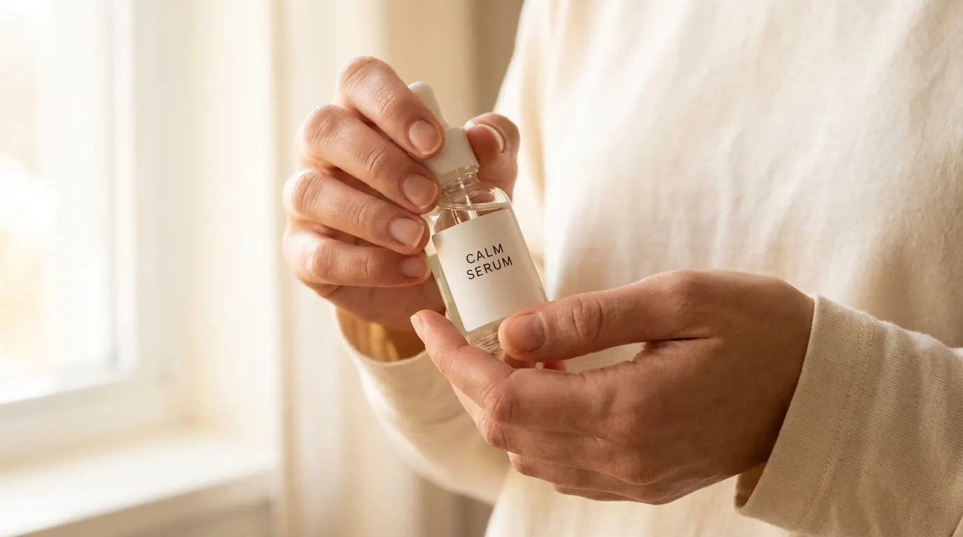 Close-up of two hands opening a small serum bottle, fingers relaxed in an asymmetric grip