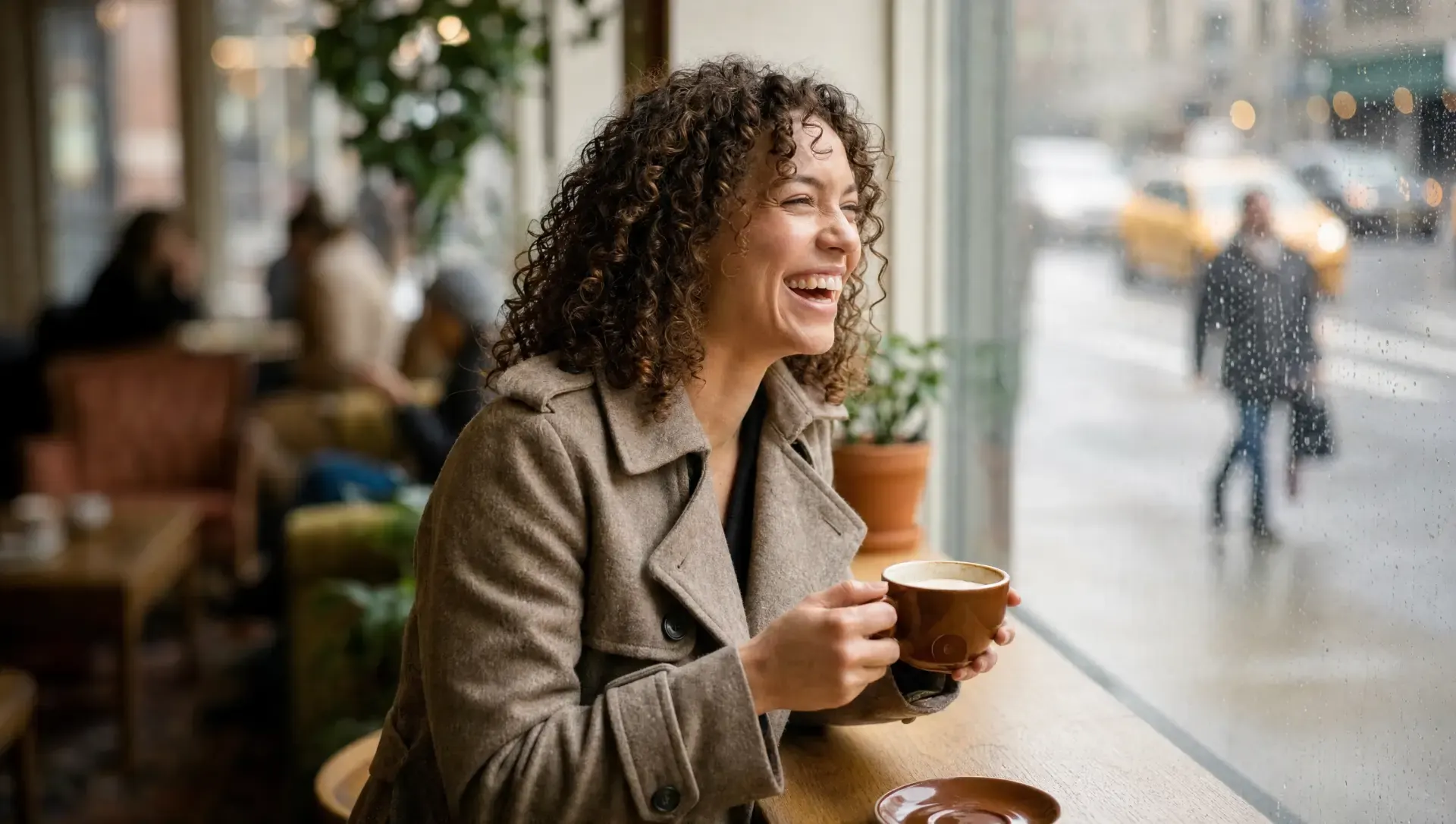 Woman with curly hair laughing in a café window, coffee cup in hand, background softly blurred into creamy bokeh