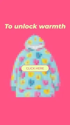 Curiosity gap ad using 8-bit pixelation over a hoodie with a centered 'Click Here' button