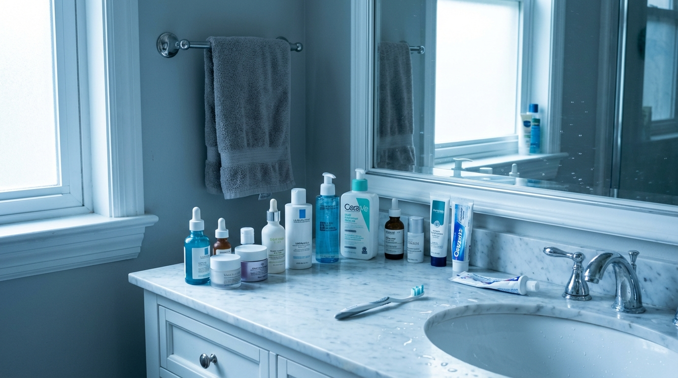 Bright bathroom vanity in cool morning light with skincare bottles, a toothbrush and squeezed toothpaste on the counter