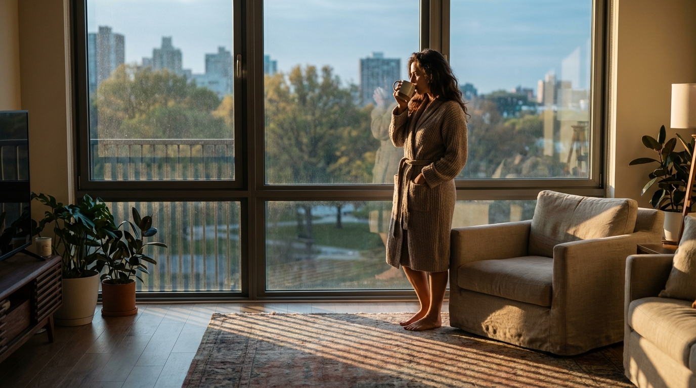 Woman in a knit robe holding a mug at a floor-to-ceiling window overlooking an autumn park and city skyline