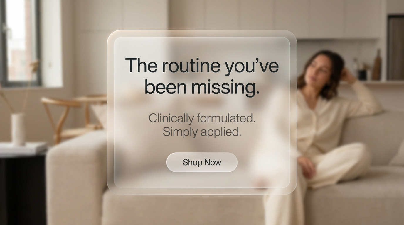 Frosted glass card with 'The routine you've been missing.' and a Shop Now button floating over a blurred living-room scene