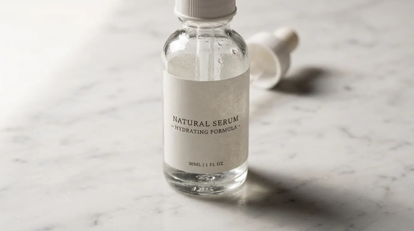 Glass skincare serum bottle on white Carrara marble with a soft cast shadow and condensation droplets