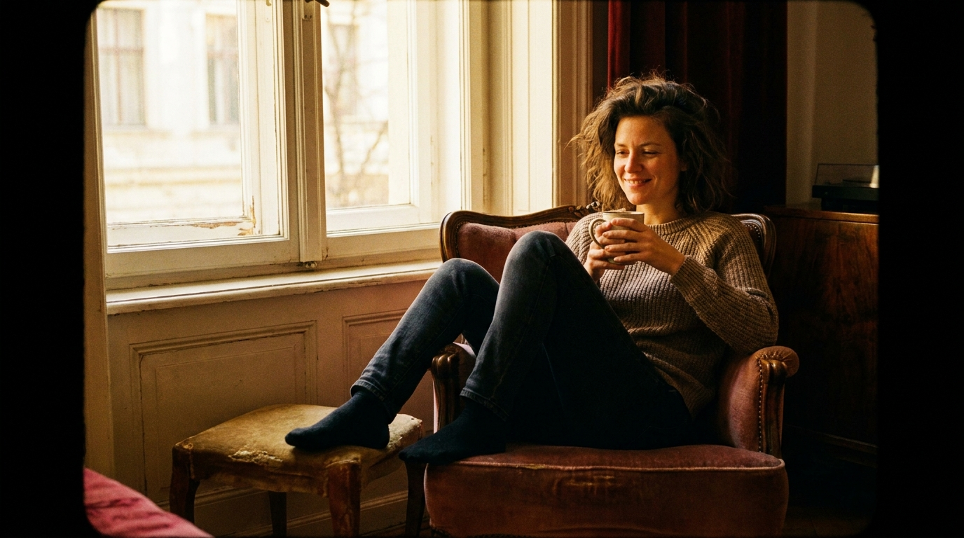 Woman sitting in a chair holding a mug in warm window light, finished with subtle film grain, a warm Portra palette and a gentle vignette