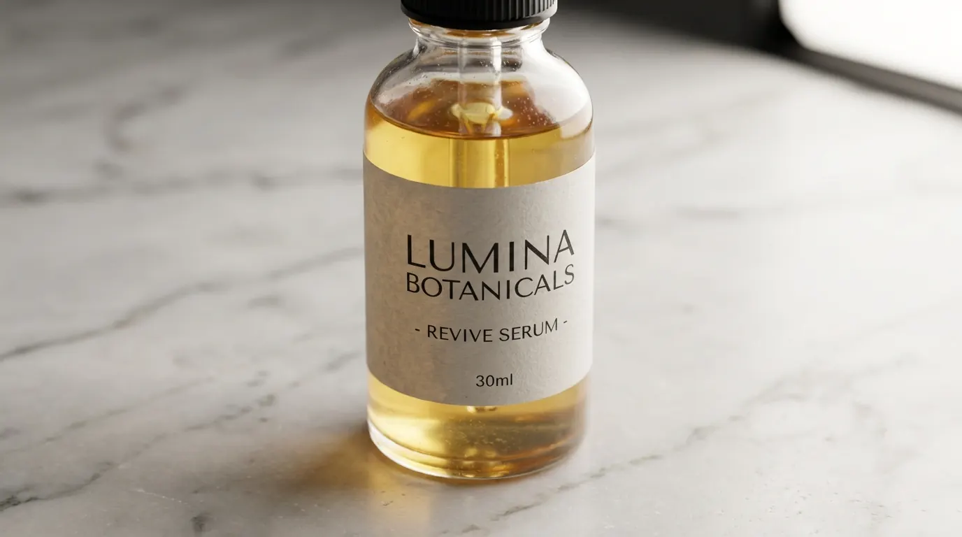 Photorealistic commercial shot of a glass skincare serum bottle on white marble with soft studio light