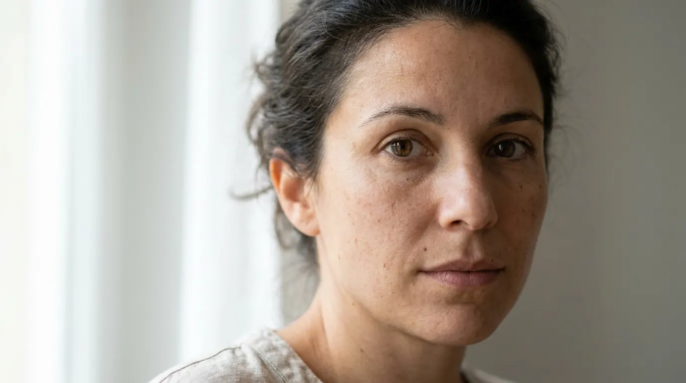 Natural-light portrait of a woman with visible pores, freckles and unretouched skin texture in soft window light