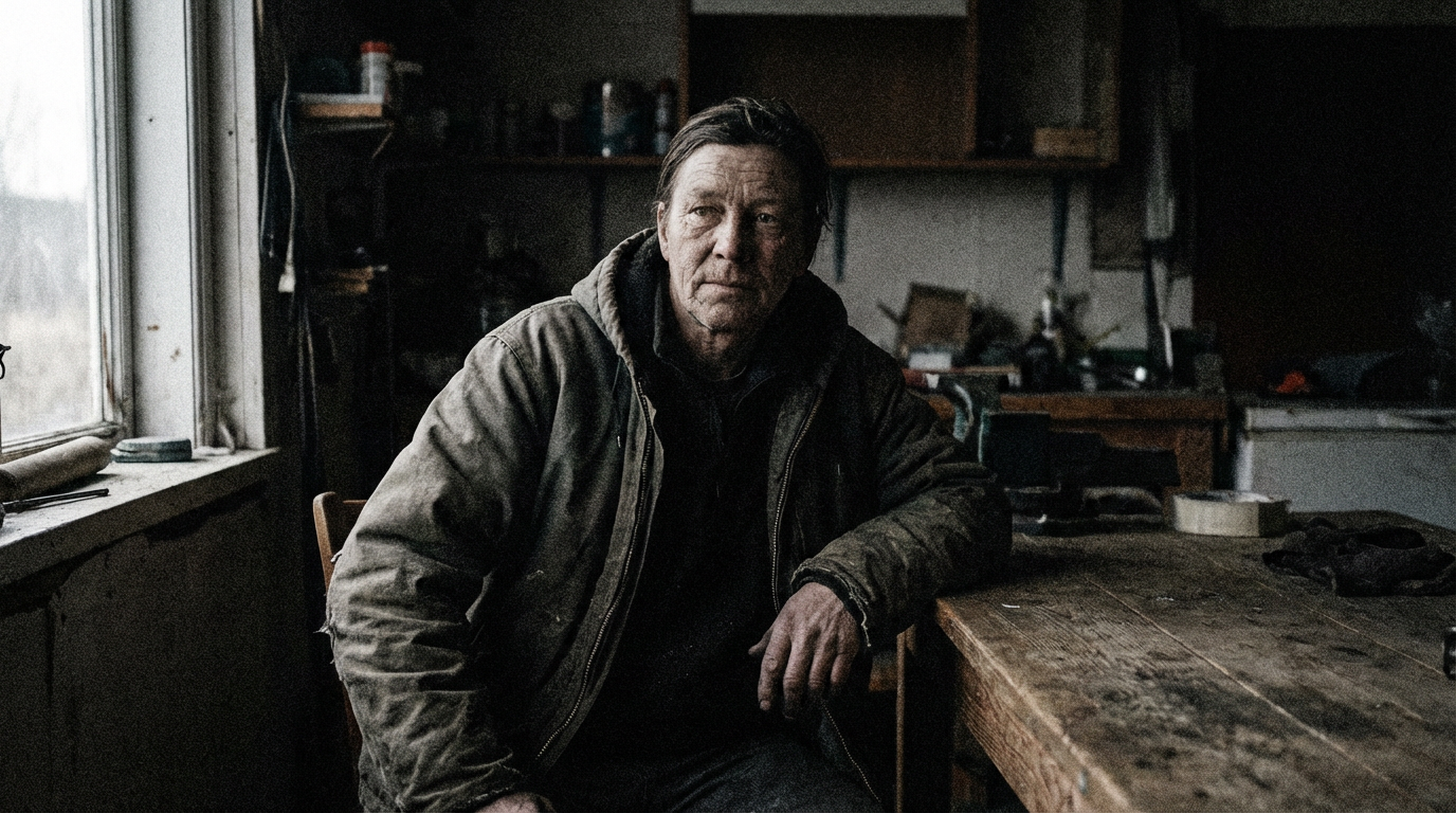 High-contrast portrait of a man in a workshop with coarse, dramatic cinematic grain clustering through the mid-tones