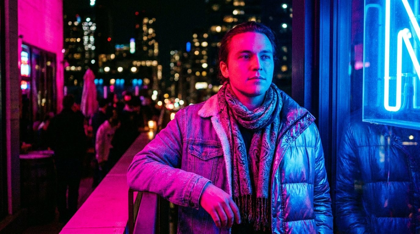 Man on a city rooftop at night lit by hot pink and electric blue neon signage with a saturated skyline behind him