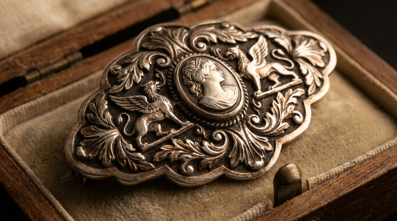 Antique oxidized silver cameo brooch in a velvet box with dark patina in the recesses and polished bright raised edges
