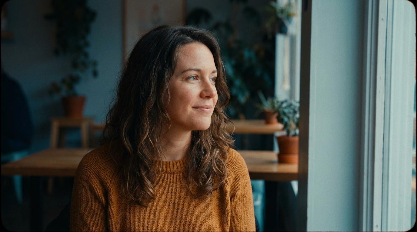 Woman in an ochre sweater by a cafe window, graded with lifted cinematic shadows, warm golden highlights, muted mid-tones and teal in the deep shadows