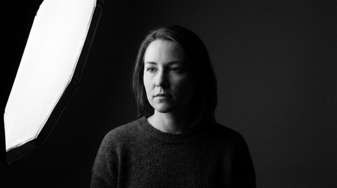 Woman against a genuinely dark background lit by one softbox, with no halo separating her from the backdrop