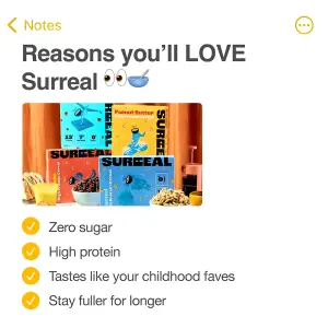 notes app ad with the headline Reasons you'll LOVE Surreal above a product photo and four checkmarks