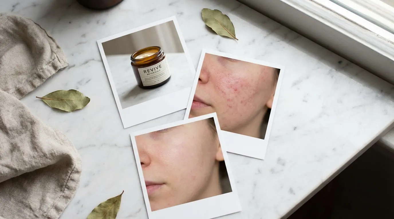 Polaroid photos of a skincare jar and before/after skin scattered on a marble surface