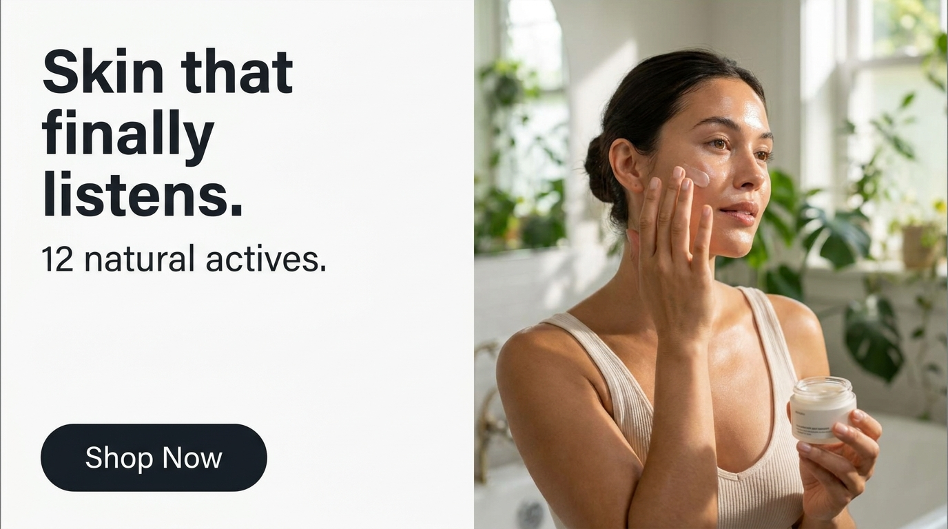 Split-layout skincare ad with 'Skin that finally listens.' set in dark type on a flat off-white panel beside a bright bathroom photo