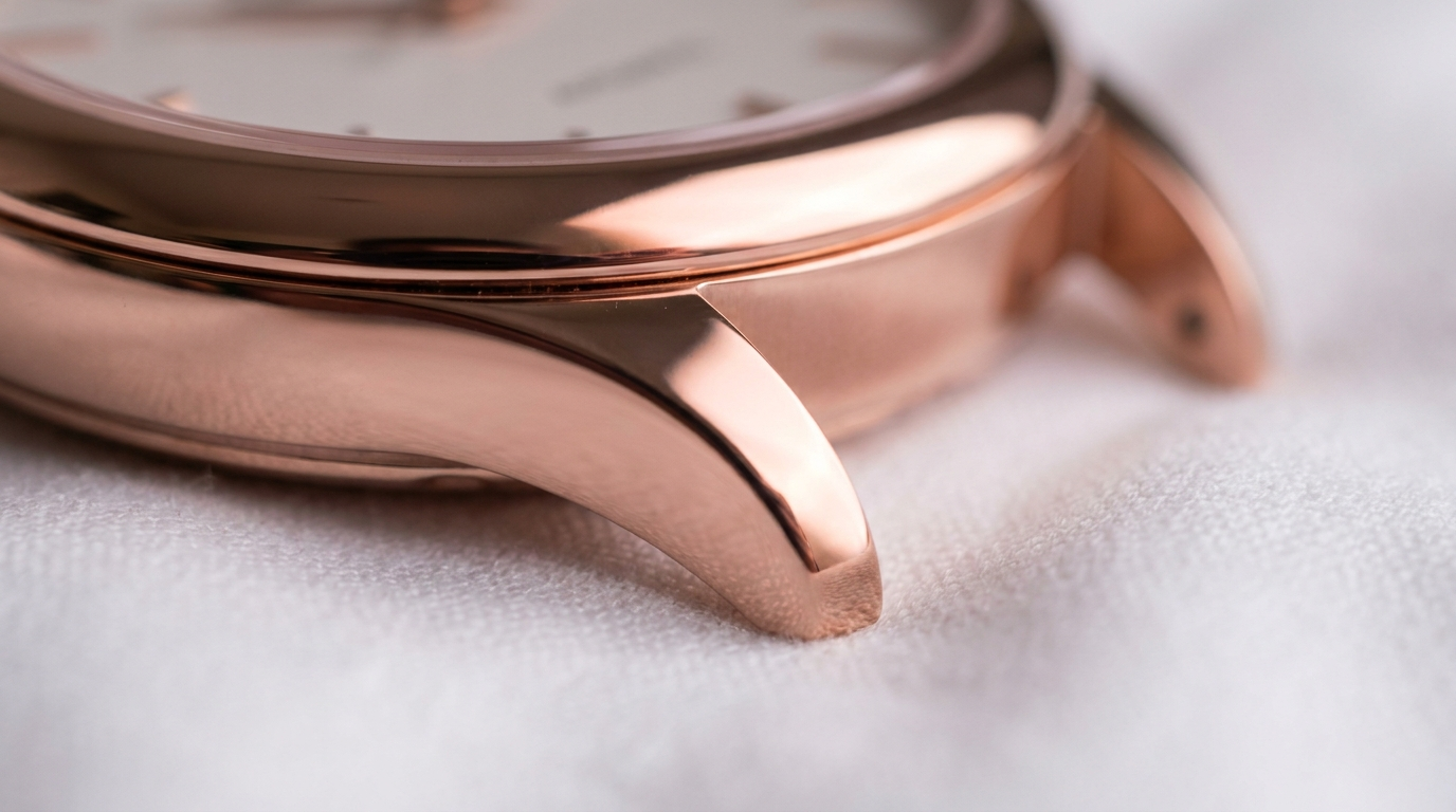Macro of a rose gold watch case lug on white fabric with a soft pink-amber highlight and muted rose-brown shadow